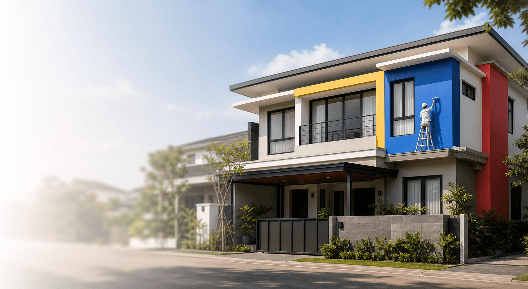 Rumah modern dengan fasad berwarna kuning, biru, dan merah sedang dicat