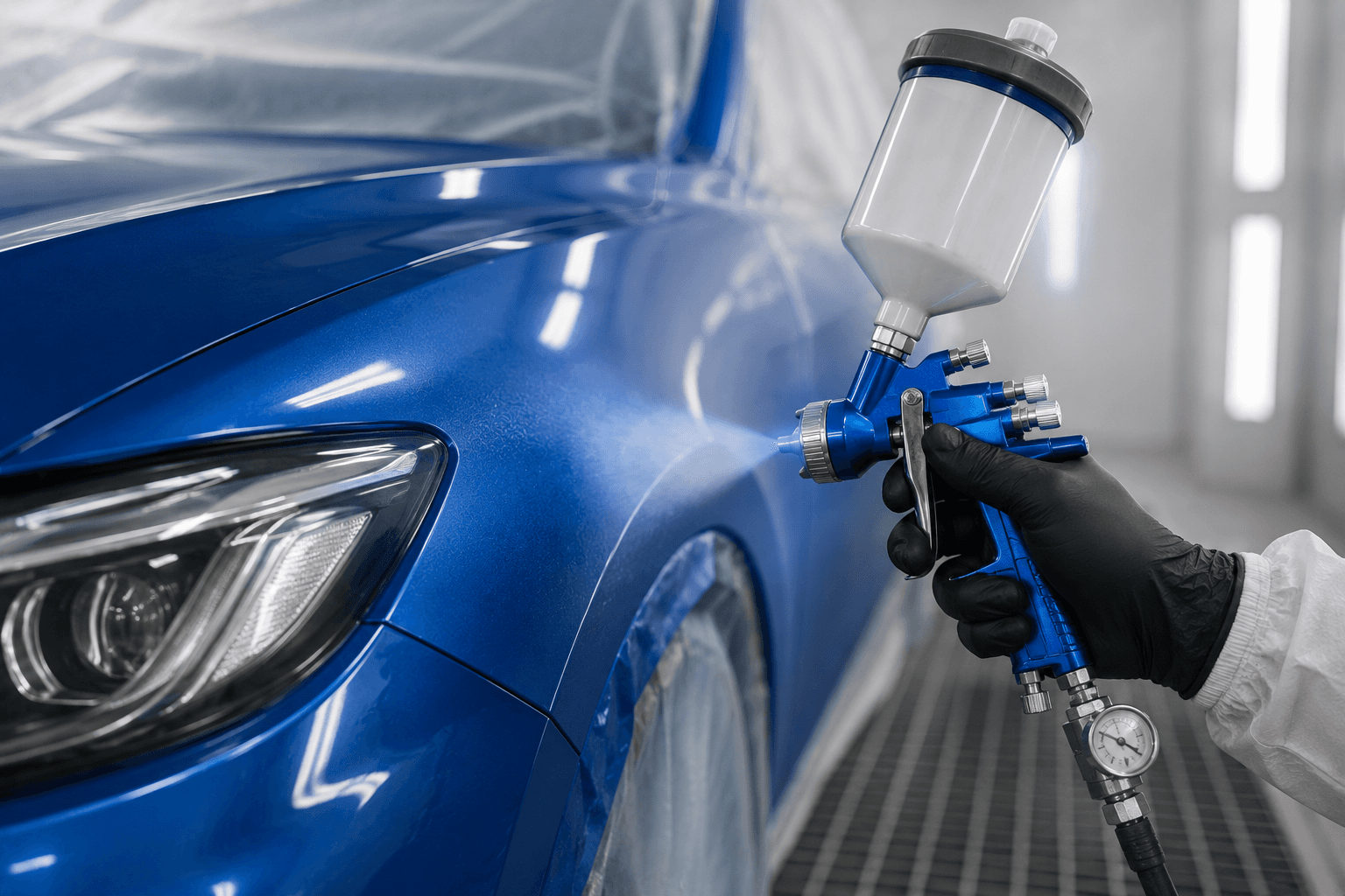 Pengecatan mobil biru menggunakan spray gun